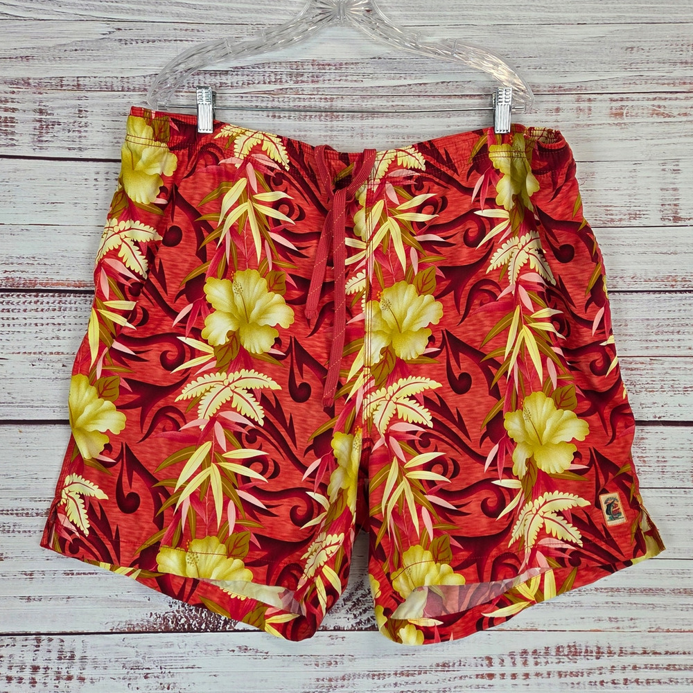 Tommy Bahama Men 2X Swim Trunks Red Yellow Hawaiian Tropical Mesh Line Beachwear